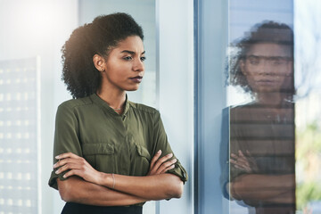 Office, window and business woman thinking with arms crossed for idea, memory or insight, planning...