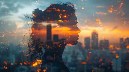 Double Exposure Composite: Woman's Profile in Urban Construction