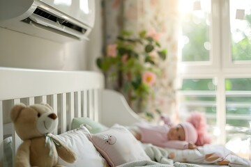 Air conditioner in babys room ensures comfortable sleep and healthy temperature. Concept Babies, Sleep, Air Conditioning, Comfort, Temperature, Healthy
