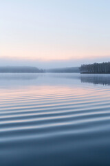 The gentle, rhythmic pattern of waves on a tranquil lake, with the water's surface reflecting the soft hues of the sky at dawn. 
