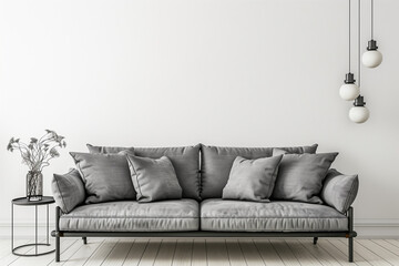Livingroom interior wall with gray fabric sofa and pillows on white background with free space on right.