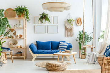 Boho Home interior with blue sofa, wooden table and decor in white living room, panorama, Soft tone