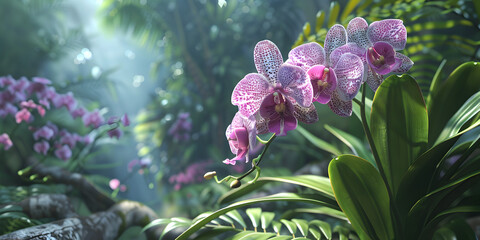  Beautiful blooming pink orchid in tropical rainforest scene background and wallpaper , Captivating Scenes of Blooming Pink Orchids in the Enchanting Depths of Tropical Rainforests 
