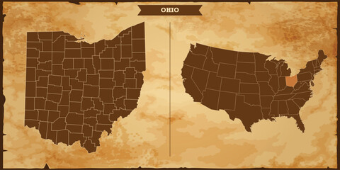 Ohio state map, United States of America map with federal states in A vintage map based background, Political USA Map - obrazy, fototapety, plakaty
