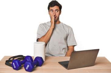 Hispanic trainer planning workout is saying a secret hot braking news and looking aside