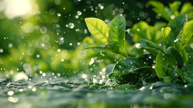 Energizing green tea, leaves and liquid merge in a graceful splash, essence of vitality in every drop, AI Generative
