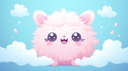 Illustrate a cute kawaii character in a flat design style from an eye-level angle, showcasing its adorable features with pastel colors and expressive eyes