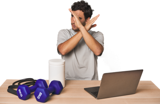 Hispanic trainer planning workout keeping two arms crossed, denial concept.