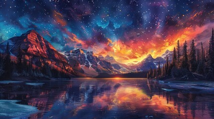 Ethereal Canadian Northern Lights, kaleidoscope of colors across the night sky, art collage blending iconic landscapes, AI Generative