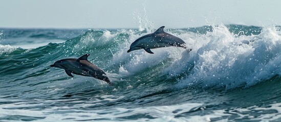 Two dolphins leaping out of the blue ocean water, splashing waves in their wake