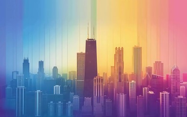 Fototapeta premium Chicago city colored gradient lines. All Chicago buildings - objects adjusted with an opacity mask