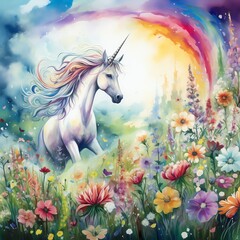 Illustrate a whimsical side view of a playful unicorn, bunny, and fairy frolicking in a lush meadow, using vibrant watercolors to depict their joy