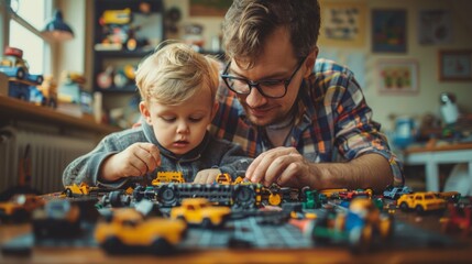Father-son bonding, assembling furniture, teamwork with tools, cozy living area, teaching moments, afternoon, caring, hands-on learning, AI Generative