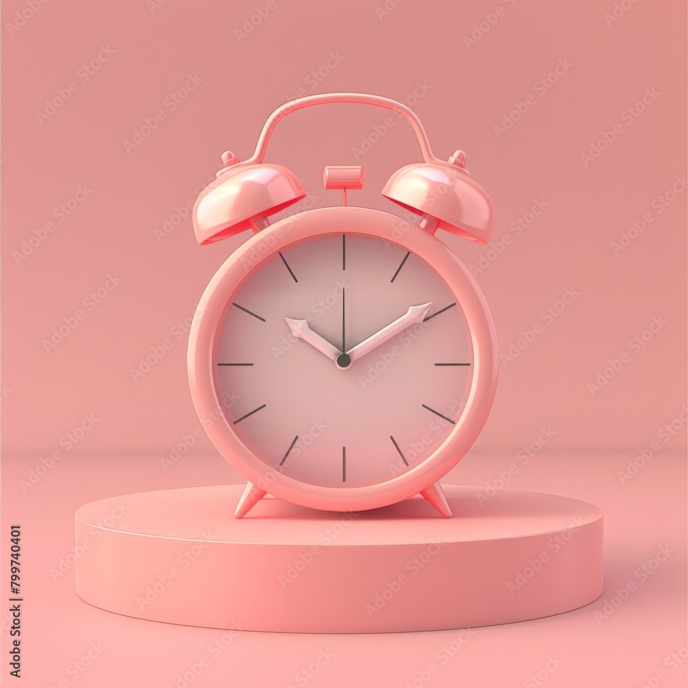 Poster generate a 3d icon that presents a charming pink alarm clock on a complementary pink background, ach