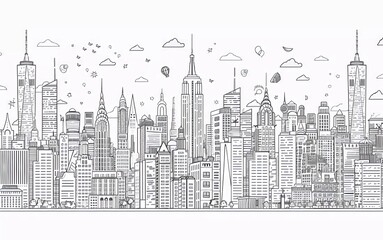 New York city linear banner. All buildings - different objects are adjusted to the background content