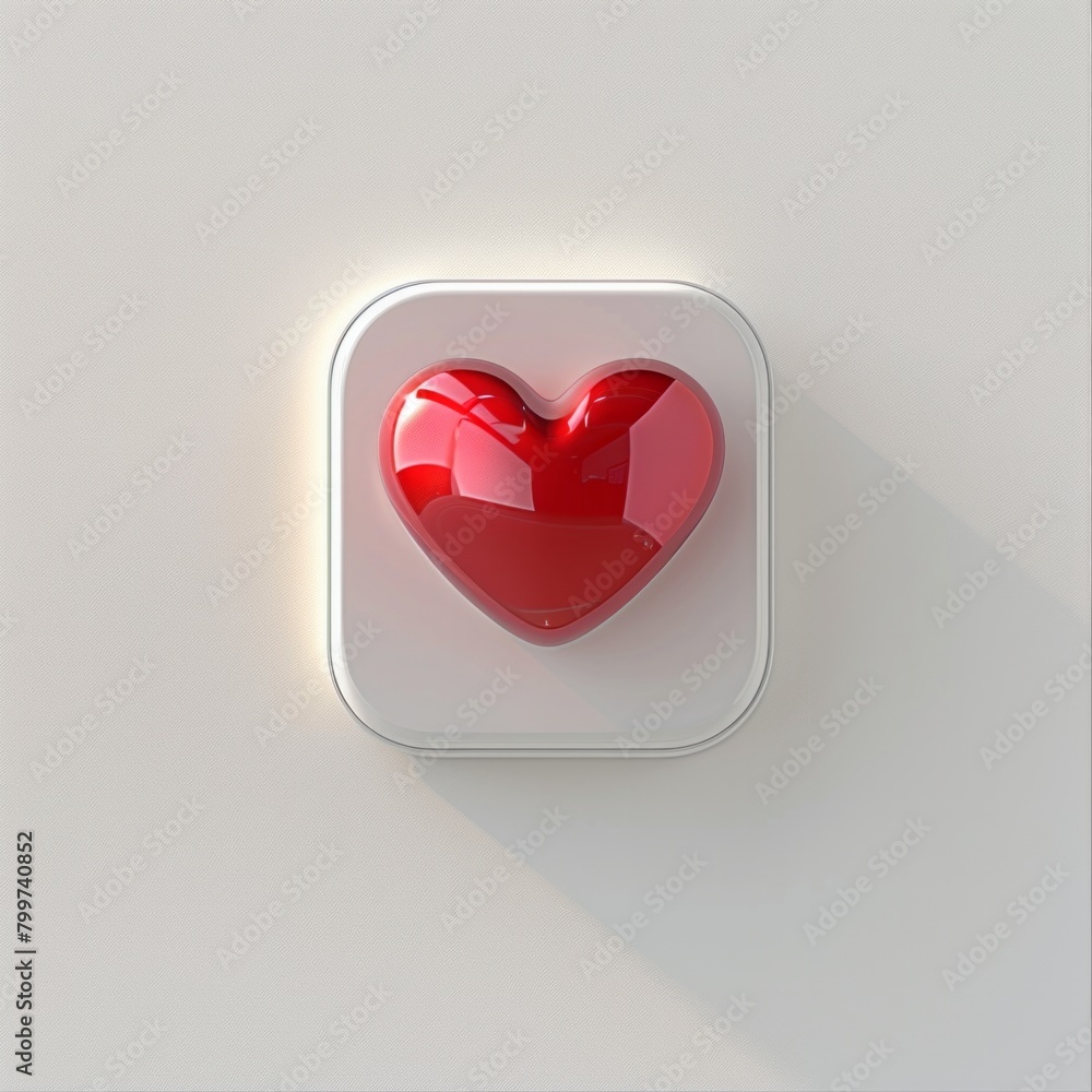 Poster Illustrate a 3D icon featuring a glossy red heart encased in a rounded square pin, representing affection and like notifications in the digital world, AI Generative