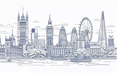 London city linear banner. All buildings - different objects are adjusted to the background content