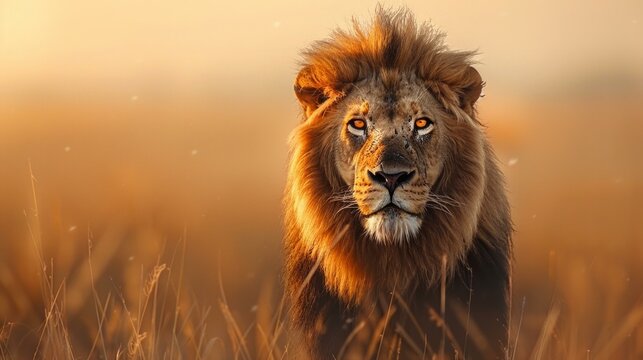 Intense portrait of a lion, eyes piercing through the savannah's haze, the king of beasts captured in a moment of contemplative silence, AI Generative