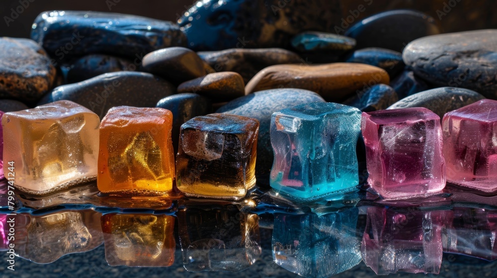 Poster an array of colorful icy cubes are displayed next to a pile of hot stones symbolizing the contrast b