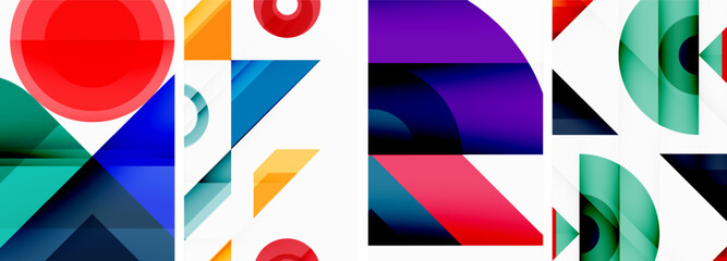 A vibrant collage featuring rectangles, triangles, and electric blue hues on a white background. The art showcases symmetry, patterns, and a mix of tints and shades in red