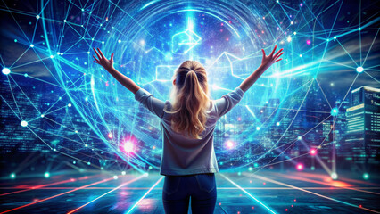 Happy kid girl amazed in cyberspace and virtual reality. Child having fun in metaverse digital hud hologram with geometric figures, statistics and indicators. Concept of virtual reality and technology