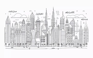 Dubai city linear banner. All buildings - different objects are adjusted to the background content