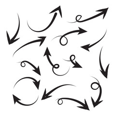 Hand drawn arrows collection Set simple flat arrows isolated on white background. Arrow mark icons and arrow paint. Stock vector