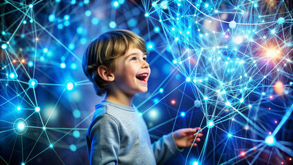 Happy kid boy amazed in cyberspace and virtual reality. Hands touching metaverse digital hud hologram with geometric figures, statistics and indicators. Concept of virtual reality and technology