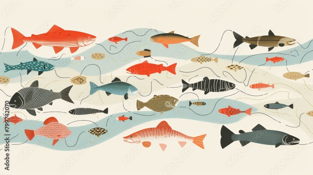 Poster a detailed diagram of a river dotted with iconic symbols representing the migratory patterns of vari
