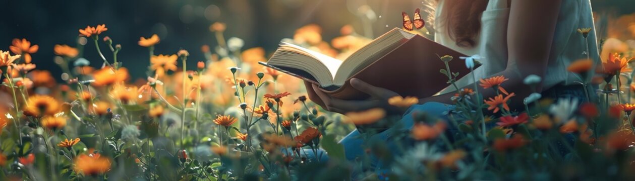 Summer reading in a garden , Photo of an individual relaxing with a good book in a lush garden, surrounded by blooming flowers and butterflies on a sunny day