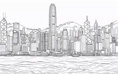 Hong Kong city linear banner. All buildings - different objects are adjusted to the background content