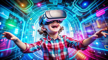 happy Kid boy experiencing VR headset game on Futuristic colorful background. Child using a gaming gadget for Education virtual reality Technology at young age