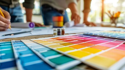 Fototapeta premium Teamwork in renovation, couple planning in new home, blueprints and color samples, spacious living room, foundation of dreams, AI Generative