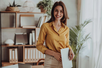 Photo of a modern office interior. A business woman in a yellow shirt holding documents stands near a table with a laptop and books on a shelf, looking at the camera and smiling. It is a panoramic sho - Powered by Adobe