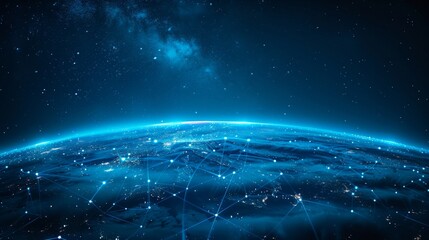 Fototapeta premium The planet enveloped in a lattice of artificial intelligence and robotic networks, illustrating the expansive reach and potential of future technologies, AI Generative