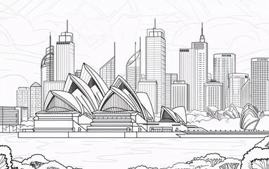 Sydney city linear banner. All Sydney buildings - objects adjusted with an opacity mask