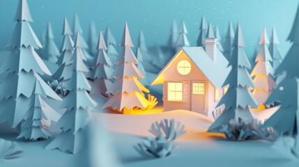 A cozy paper cabin with glowing windows sits nestled among frosted pine trees, inviting weary paper travelers to warm up inside, paper art style concept