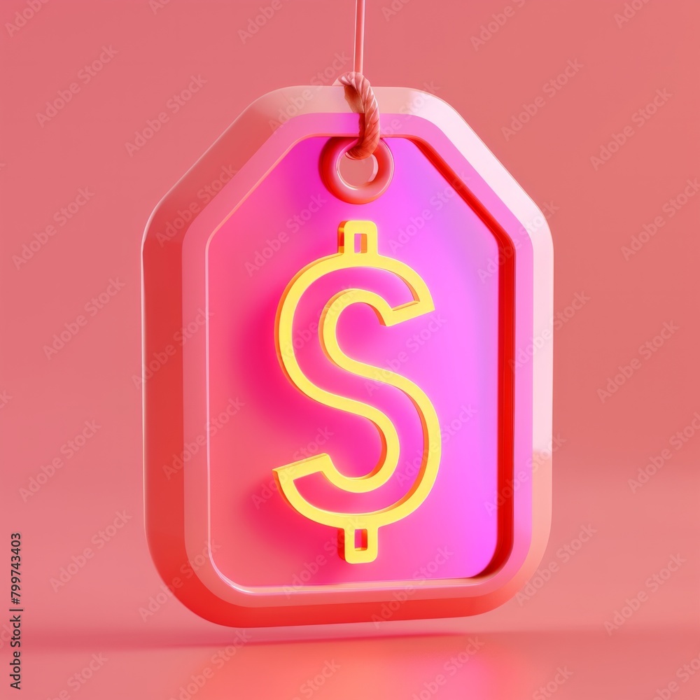 Poster visualize a 3d-rendered tag price icon, designed with a glossy finish and prominently featuring a pe