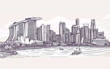 
Singapore city linear banner. All buildings - different objects are adjusted to the background content