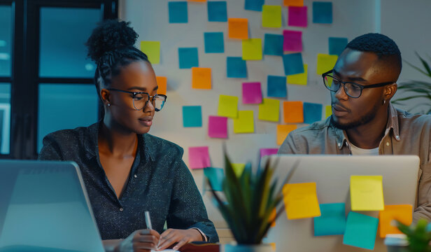 A black female business manager assists a young male adult executive working on a laptop in a modern office. A diverse team of creative workers uses technology for project planning and marketing strat