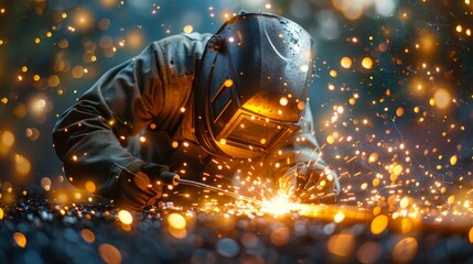 Welding with arc welder, worker's focus, shower of sparks, craftsmanship in metalwork, safety gear, Atmospheric, Close Up, AI Generative