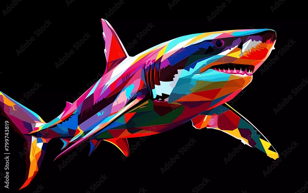 Wall mural shark drawn using WPAP art style, isolated black background, pop art, vector illustration.