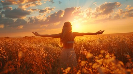 Woman basking in sunset's glow, arms open in scenic field, expression of happiness, idyllic beauty, AI Generative