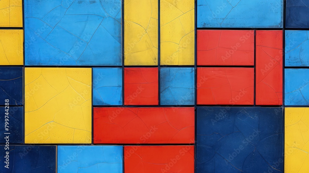 Poster interlocking squares and rectangles in metallic tones, casting shimmering reflections against colorf