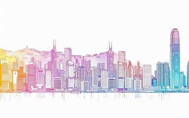 Hong Kong city colored gradient lines. All buildings in Hong Kong - objects that can be adjusted with an opacity mask