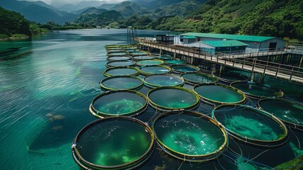 A fish farm cultivating sustainable seafood, Tanks with fish and aquatic organisms