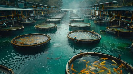 A fish farm cultivating sustainable seafood, Tanks with fish and aquatic organisms