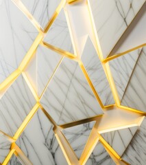 A white marble wall with golden geometric patterns, glowing in the subtle light of LED lights. 