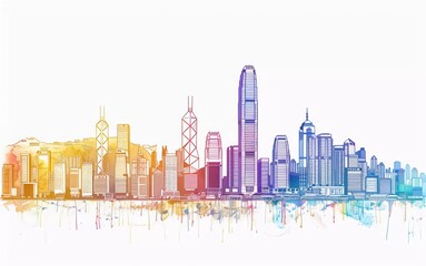 Hong Kong city colored gradient lines. All buildings in Hong Kong - objects that can be adjusted with an opacity mask