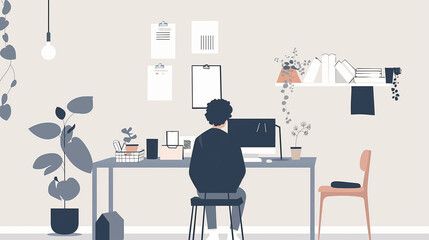 Fototapeta premium A serene illustration of a man focused on his work at home with a minimalist and tidy desk setup